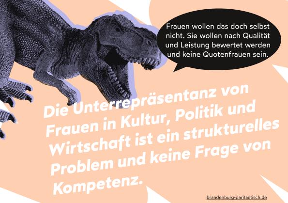 Viereckiger Sticker mit orange farbigen Hintergrund, auf dem ein Dinosaurier sagt: "Frauen wollen das doch selbst nicht. Sie wollen nach Qualität und Leistung bewertet werden und keine Quotenfrauen sein." Das Gegenargument steht in weißer Schrift in der Mitte der Karte: "Die Unterrepräsentanz von Frauen in Kultur, Politik und Wirtschaft ist ein strukturelles Problem und keine Frage von Kompetenz."