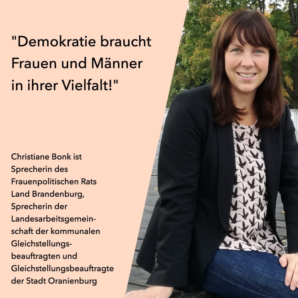 Porträt von Christiane Bonk. Christiane Bonk ist Sprecherin des Frauenpolitischen Rats Land Brandenburg, Sprecherin der Landesarbeitsgemeinschaft der kommunalen Gleichstellungsbeuaftragten und ist Gleichstellungsbeauftragte der Stadt Oranienburg